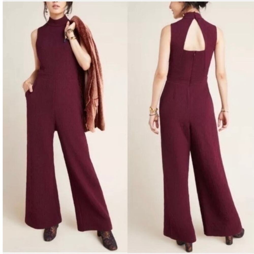 Eva Franco Wide Leg Jumpsuit Anthro Charley Plum Burgundy Mockneck S Sleeveless
